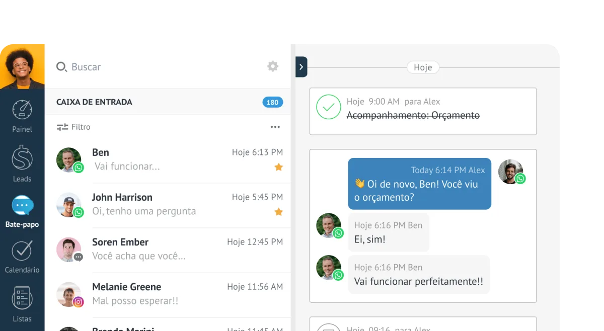 Kommo com tarefa de acompanhamento concluída e mensagem de follow-up enviada pelo WhatsApp