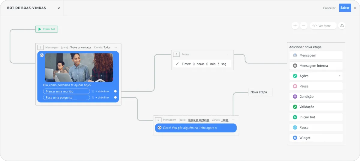 Salesbot do Kommo com um fluxo de boas-vindas que pergunta o que o cliente procura e passa para um atendente